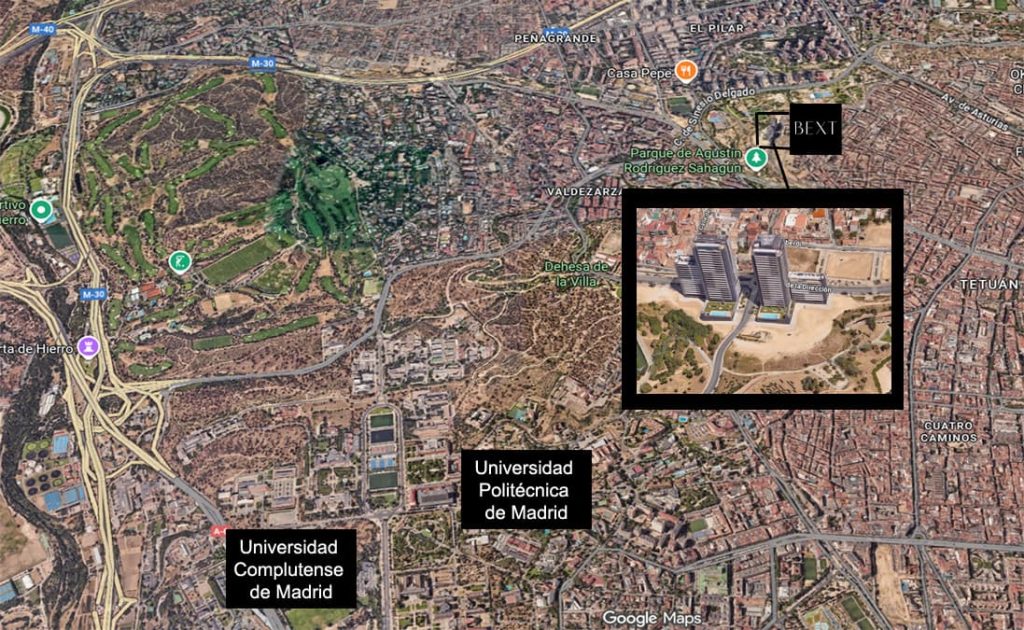 Plano Madrid Bext Skyline y distancia a las universidades
